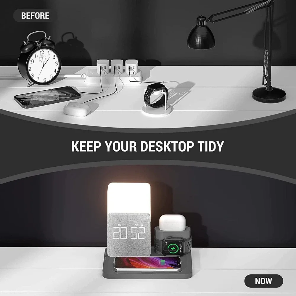 SALE! 6 in 1 Wireless Charging Station with Bedside Lamp and Alarm Clock